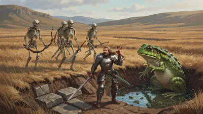 Five skeletal undead approach across the moor toward the dig, two carrying rotted shortbows and three with corroded shortswords. Bancroft and Irulan in plate stand exposed near the trench; the giant toad rears up out of its tadpole hole nearby; Anister and Clarice are off-screen in cover.
