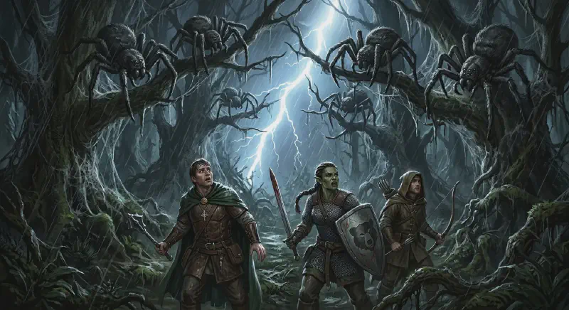 A lightning flash reveals six horse-sized black spiders in a web-draped forest canopy above three small figures creeping below in the storm.