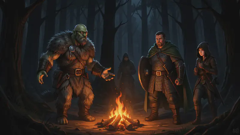 A bespectacled, shaven-headed half-orc in shaggy wolf-and-spider furs steps out of a black forest into firelight, hands open, as three travellers – a chain-mailed man in a green cloak, a ranger, and a thief – watch warily from their camp.