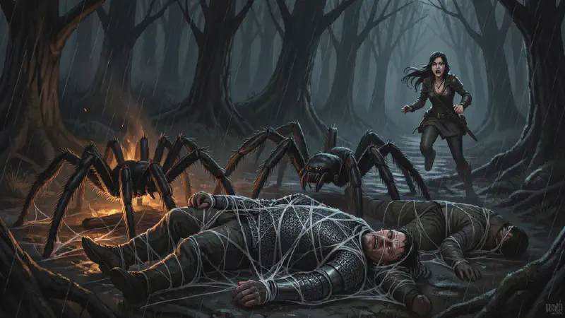 In a dark rain-soaked camp, giant spiders wind heavy web around a paralyzed man in chain mail lying beside a low fire, another figure bound near him, while a lone thief flees into the black trees in the background.