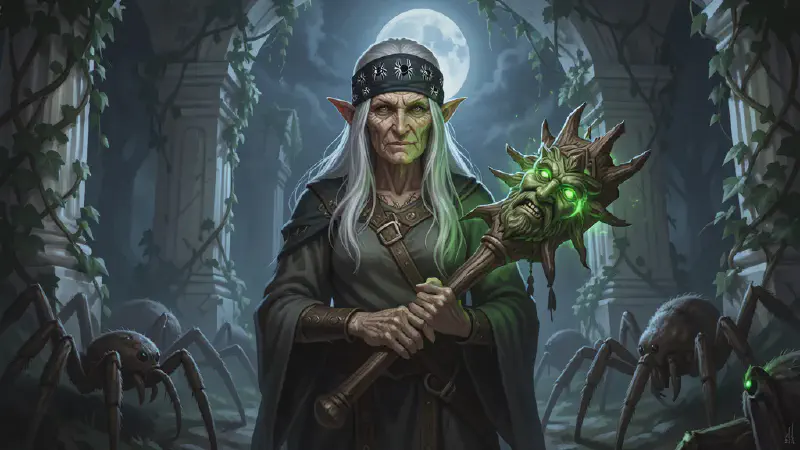 An old elven hermit woman with white hair and long spider-jointed fingers stands among ivy-choked white marble ruins by moonlight, an eight-eyed spider bandana bound across her brow, cradling a wooden mace carved with a Green Man’s face; giant spiders crouch in the shadows around her.