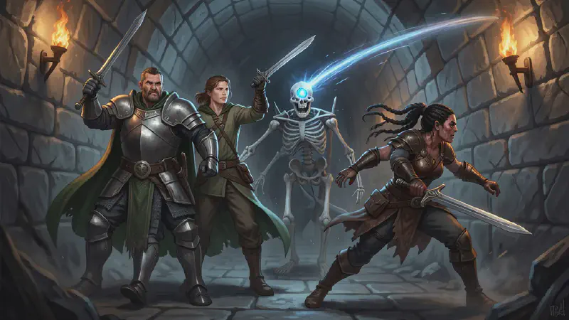 In a narrow barrow corridor, a man in plate armor and a green cloak and a lean ranger stand shoulder to shoulder holding the line against a skeleton with a glowing blue sapphire set in its forehead, while a half-orc woman with braided hair darts past them with a longsword and a streak of magical light flies overhead.