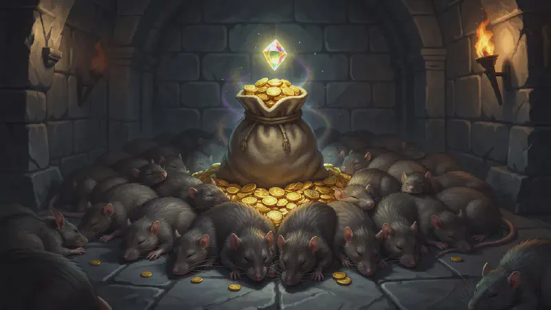 A dark tomb chamber where dozens of large rats lie asleep in a heap around a burst sack spilling gold coins and a glinting jewel, a faint magical shimmer hanging over the sleeping swarm.