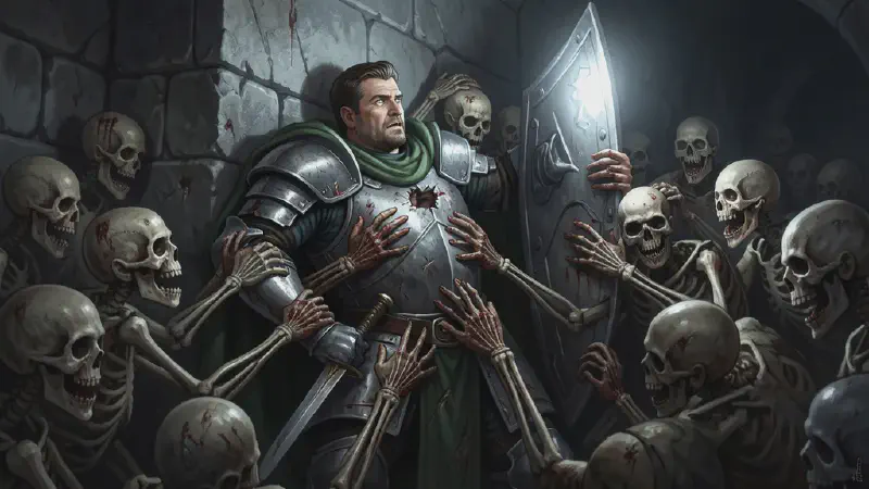 A broad-shouldered man in full plate armor and a green cloak is wedged into a stone corner of a crypt, back and shoulder against the walls, shield raised and glowing with a cold white light. Skeletal warriors press in on him from every open side, bony hands scrabbling across his breastplate and working at the joints of his armor, his sword arm pinned by the crush of them.