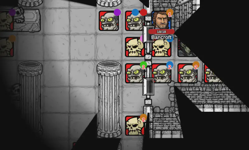 A Roll20 battle map: a broad-shouldered armored figure labeled Bancroft, at full health, stands wedged into a corner with stone walls behind and beside him. Around him on the open sides are eleven undead tokens – green-faced zombies and bare skulls – filling the corridor and the chamber beyond.